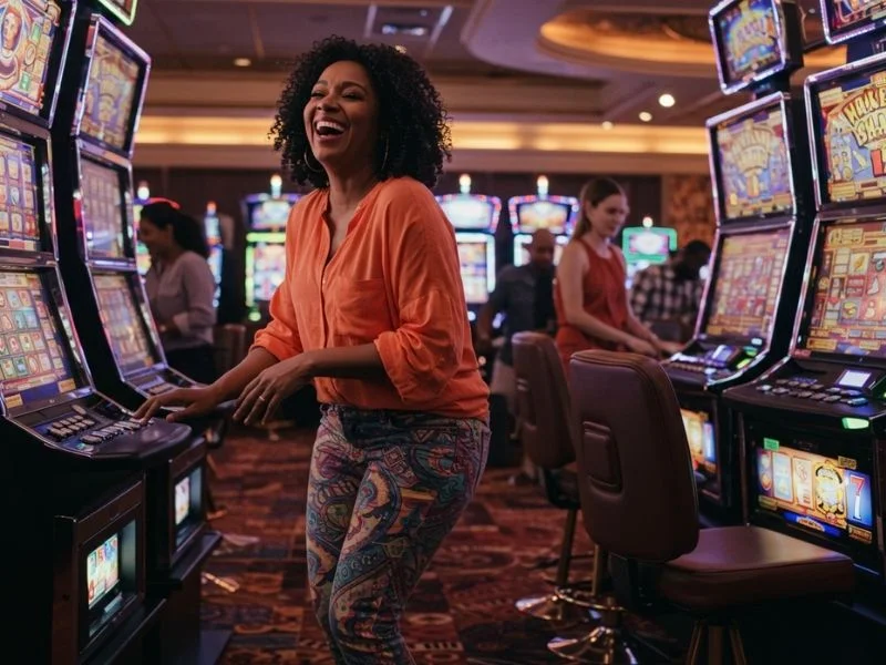 Woman cheering at a slot machine in a casino, representing casino chips value Philippines