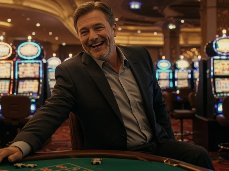 Casino player happily playing while learning about casino dealer Philippines salary
