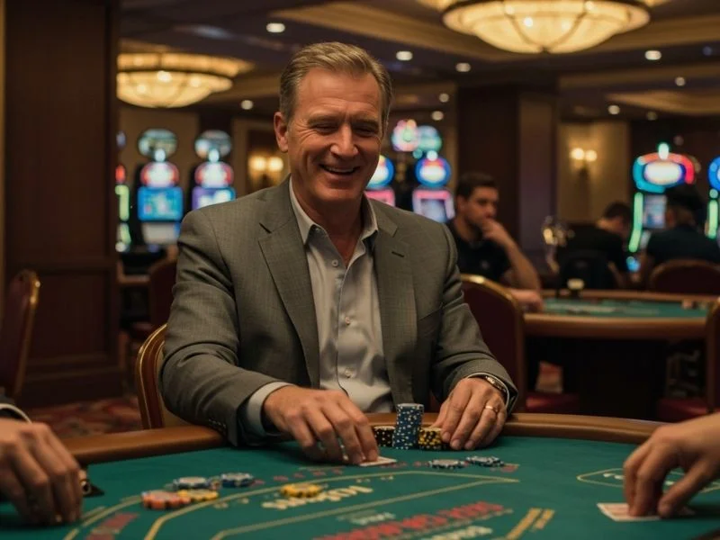 Smiling man celebrating a poker win while highlighting casino dealer Philippines salary