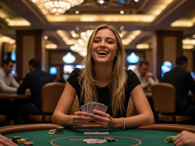 Smiling woman holding playing cards representing casino dealer Philippines salary