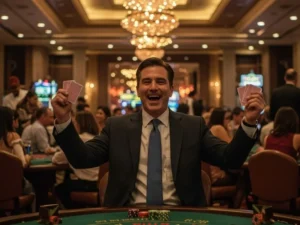Smiling person holding poker cards at a lively casino Tagaytay Philippines