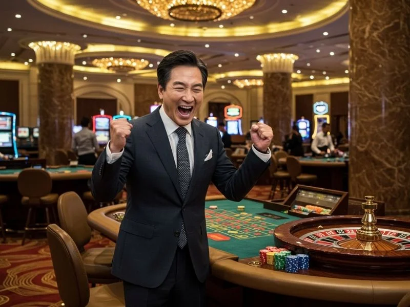 Man celebrating roulette victory after successful cczz casino login register philippines