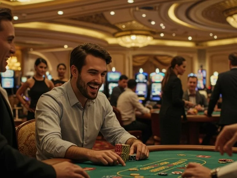 Smiling man celebrates a big poker win after cczz casino login register philippines