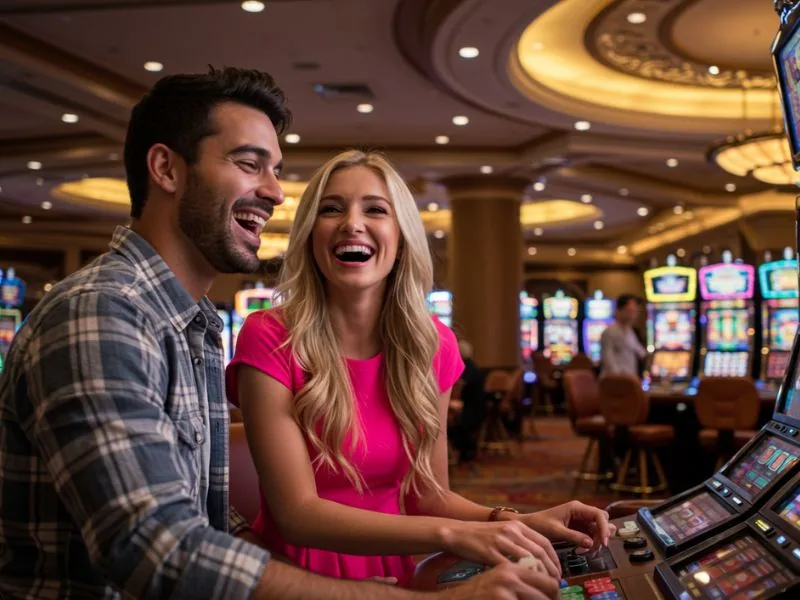 Happy couple enjoying slots together at club 88 online casino.