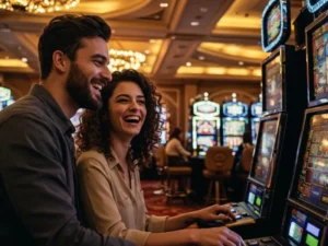 Happy couple enjoying slot games together at club 88 online casino.