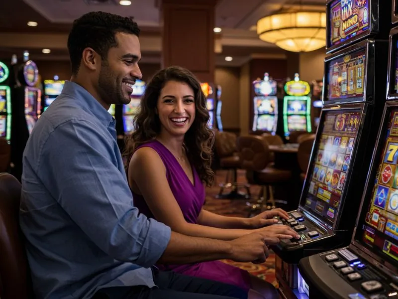 Happy couple gleefully enjoys playing slots at club 88 online casino.