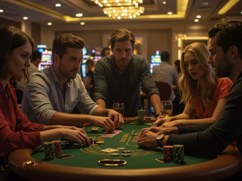 Friends enjoying poker at a casino table in colorplay online gaming atmosphere