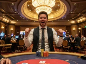Man celebrating poker win on colorplay online gaming platform