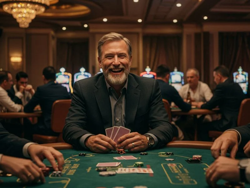Man holding poker cards while enjoying colorplay online gaming experience