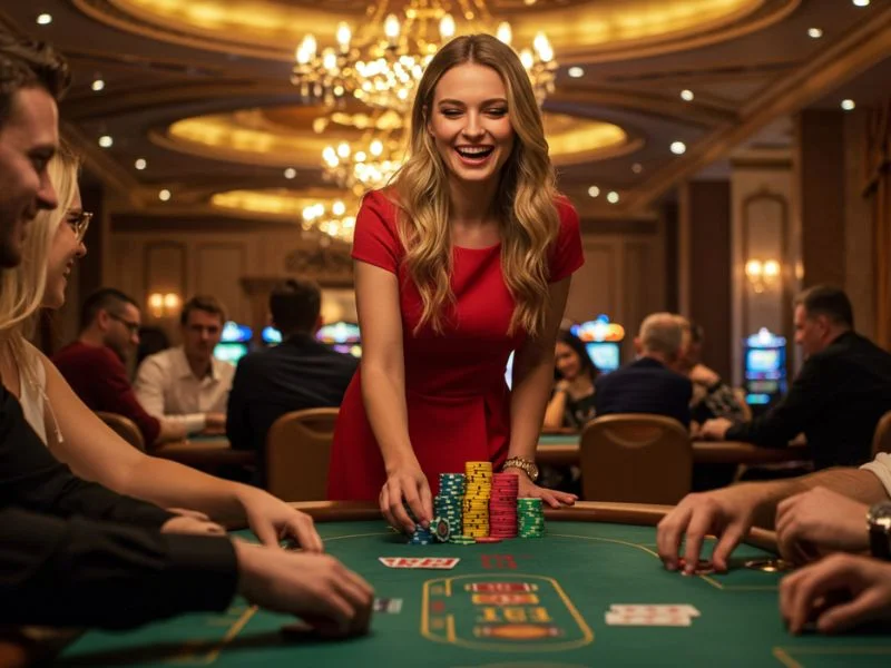 Woman celebrating poker victory in colorplay online gaming platform