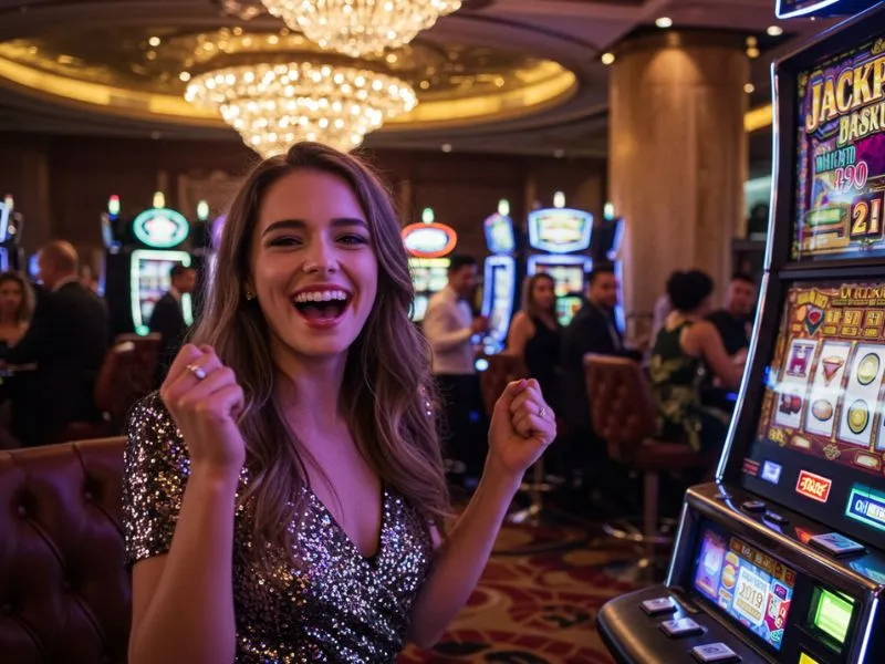 Cheerful woman playing casino slots at csmbet online casino