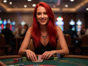 Smiling woman enjoying a poker game at CSMBET online casino