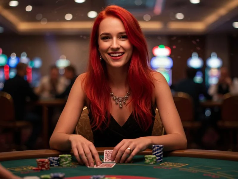 Smiling woman enjoying a poker game at CSMBET online casino