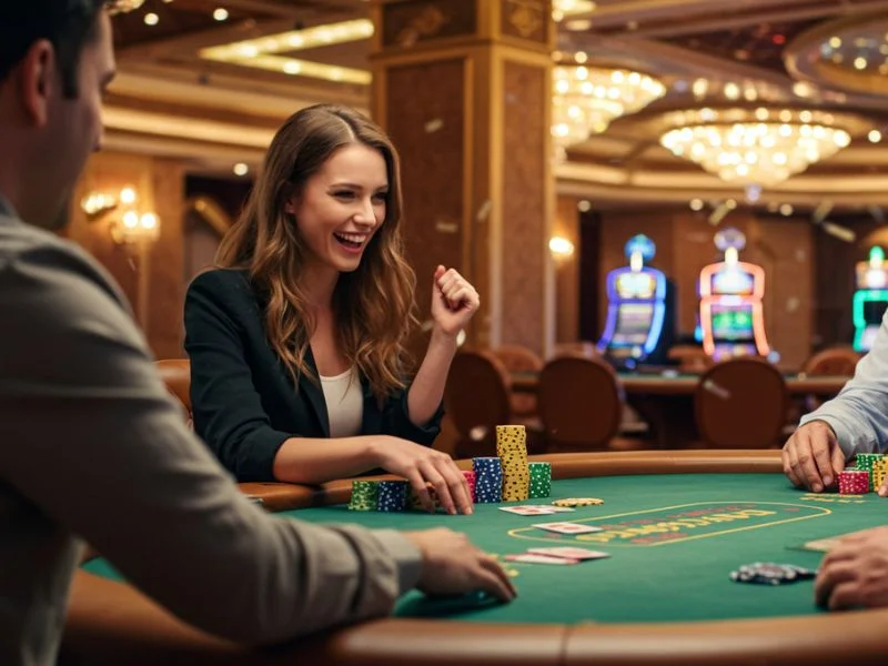 Smiling woman playing poker at csmbet online casino tables