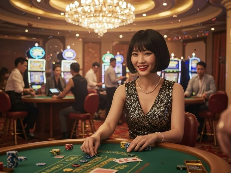 Happy woman enjoying poker at an e games casino Philippines table