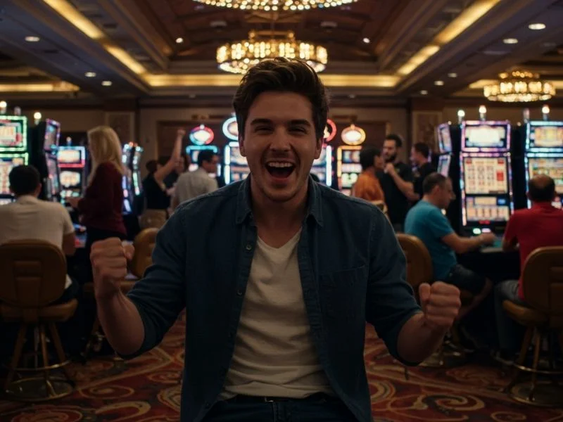 Excited man cheering while playing in an e games casino Philippines setting