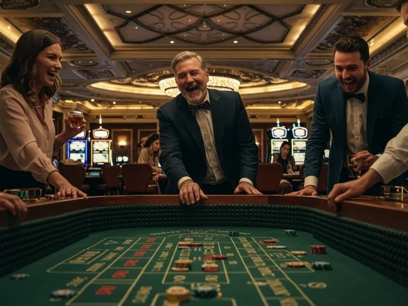 Smiling friends playing together at slot machines in an e games casino Philippines