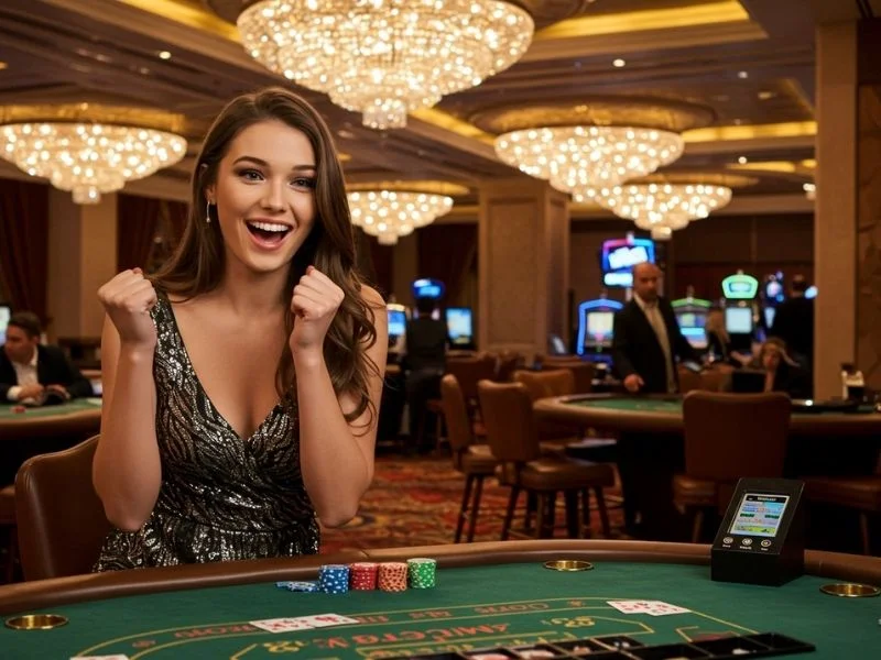 Happy woman at a casino table enjoying the excitement of fb777 slot casino login Philippines