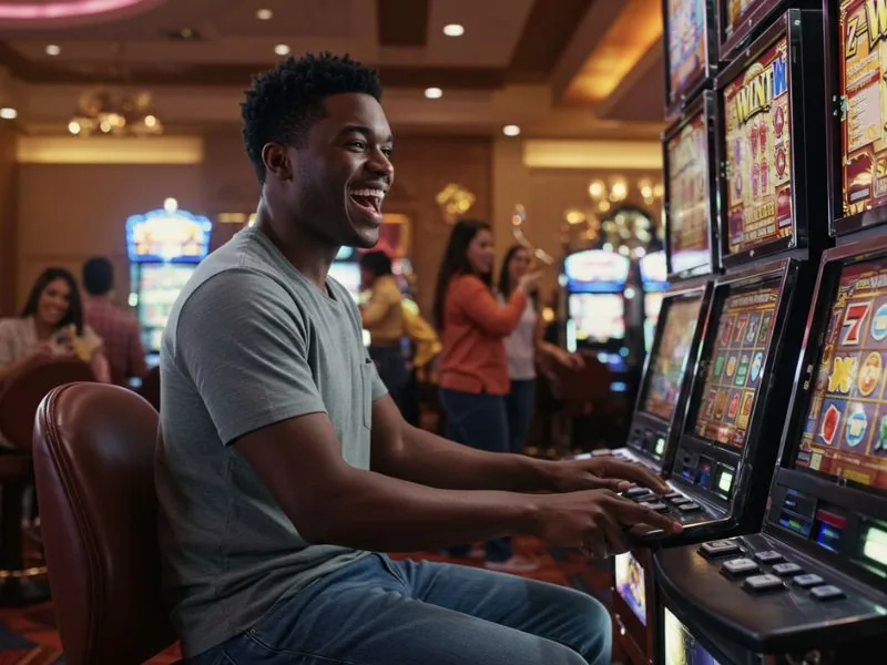 Joyful man celebrating while waiting for the jackpot at fhm63 online casino login