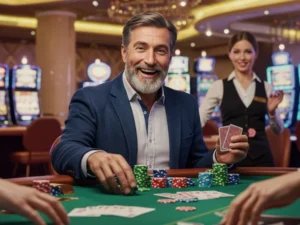 Man smiling while holding playing cards at a table during fhm63 online casino login session