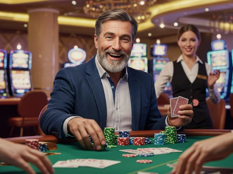 Man smiling while holding playing cards at a table during fhm63 online casino login session
