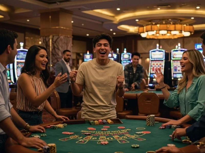 Cheerful friends playing casino games while discussing is online casino legal in Philippines