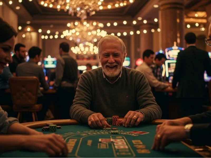 Happy old man celebrating a big win while asking is online casino legal in Philippines