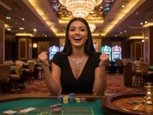 Excited woman cheering while playing, symbolizing the question is online casino legal in Philippines