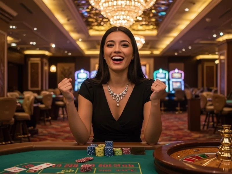 Excited woman cheering while playing, symbolizing the question is online casino legal in Philippines