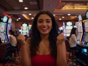 Woman cheering with excitement at the slots area inside the largest casino in the Philippines