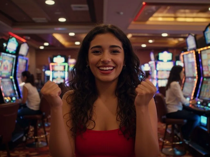Woman cheering with excitement at the slots area inside the largest casino in the Philippines