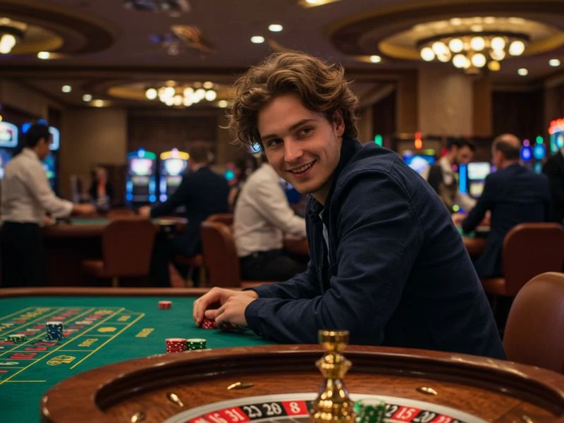 Man holding chips high with triumphant pride at Leobet online casino.