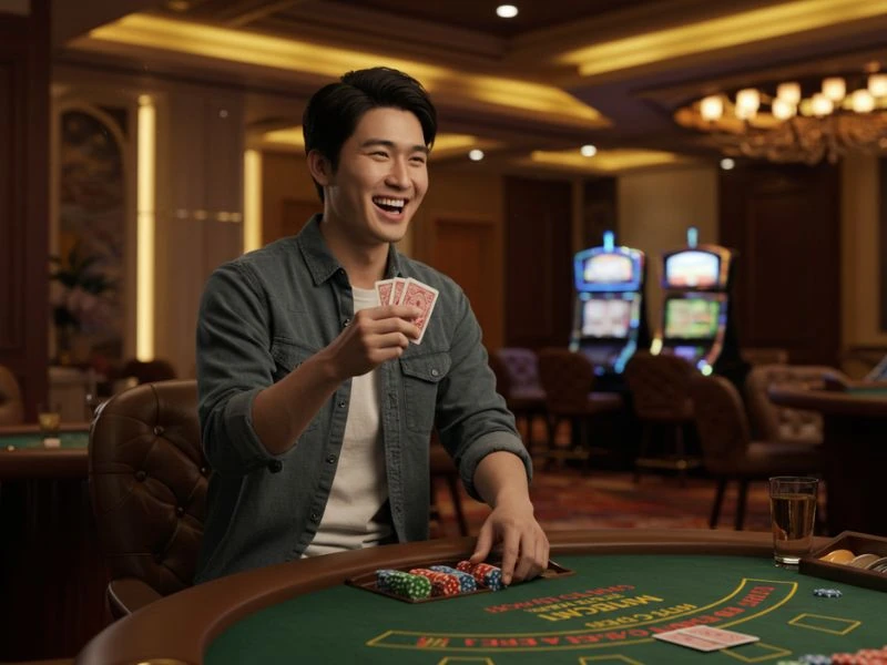 Man smiling while holding playing cards at Leobet online casino