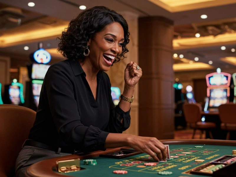 Woman laughing after dealer reveals cards at Leobet online casino table