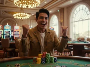 Man celebrating a poker win at lodislot 777 casino online