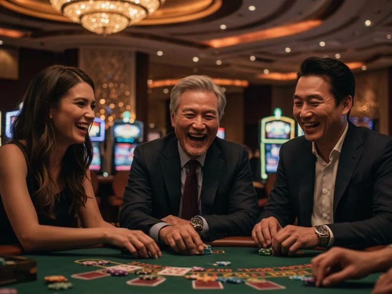 Smiling friends enjoying poker at a table in lodislot 777 casino online
