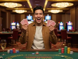 Manny Pacquiao casino online player holding poker cards at a gaming table