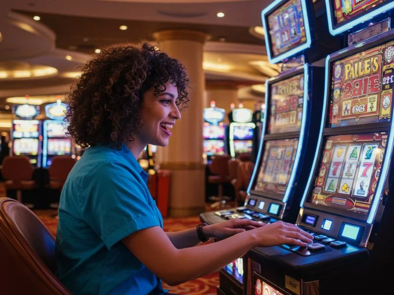 Smiling person playing slot machines at Manny Pacquiao Casino Online
