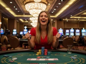 Happy woman cheering after a big win while exploring masaya 365 casino login philippines sign up