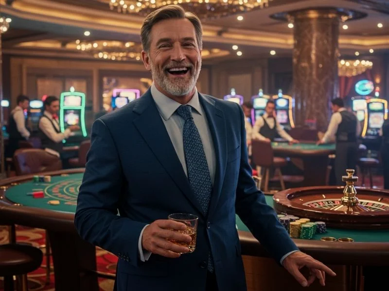 Joyful man playing roulette table at a new casino in Philippines