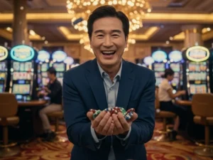 Joyful man holding casino chips at a new casino in Philippines