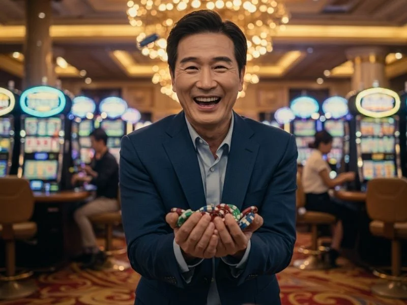 Joyful man holding casino chips at a new casino in Philippines