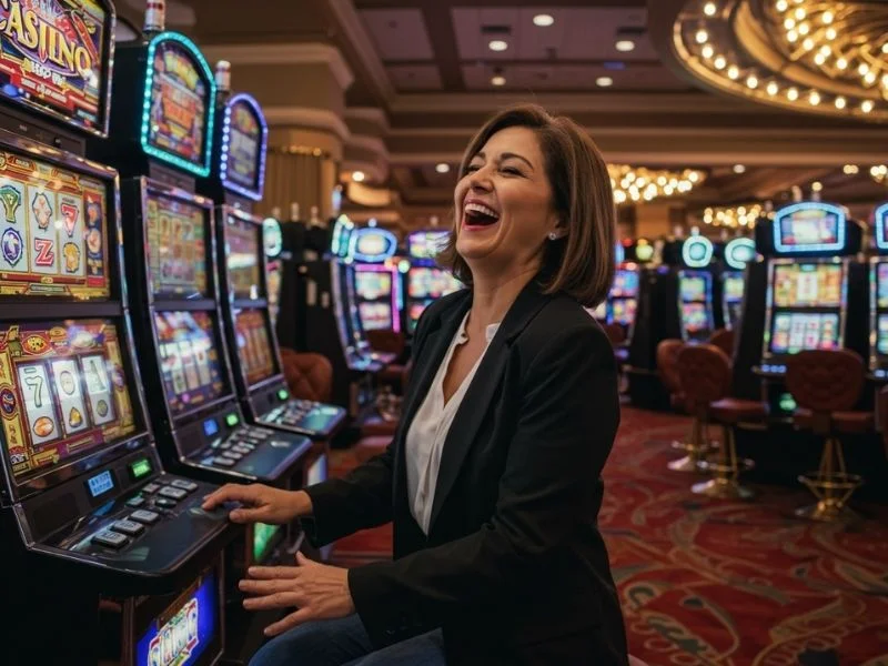 Laughing woman playing slot machines at a new casino in Philippines