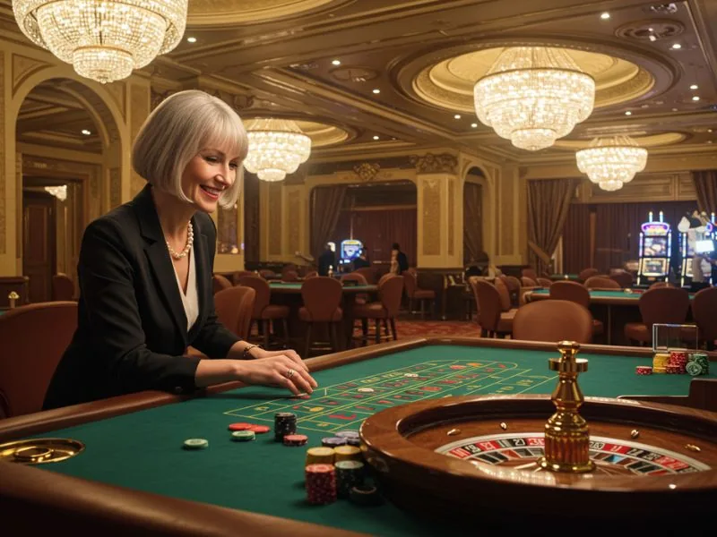 A businesswoman happily playing casino games on oddsgame88 live platform.