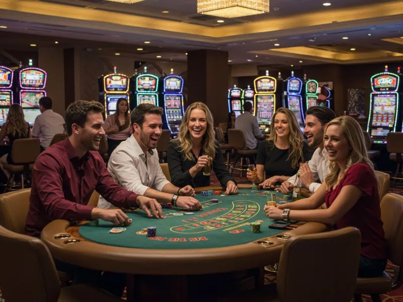 Group of friends happily chatting while playing casino games on oddsgame88 live platform.