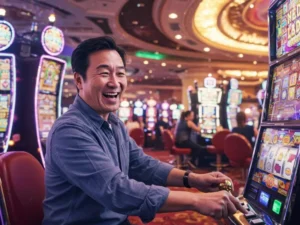 Man happily plays slot game on oddsgame88 live online casino platform