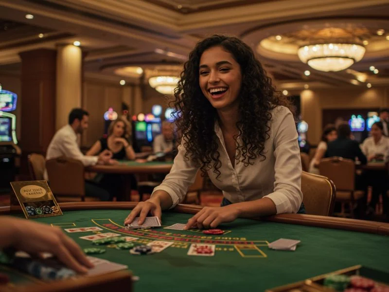 Woman happily playing cards in an online casino at oddsgame88 live.