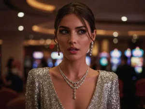 Elegant woman representing an online casino dealer in a luxurious casino lounge