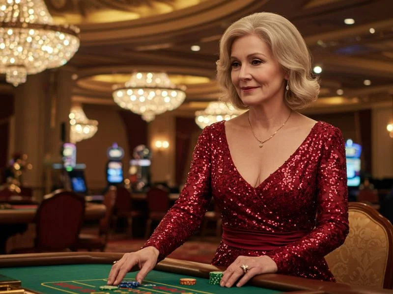 Happy woman placing a bet at a poker table with an online casino dealer