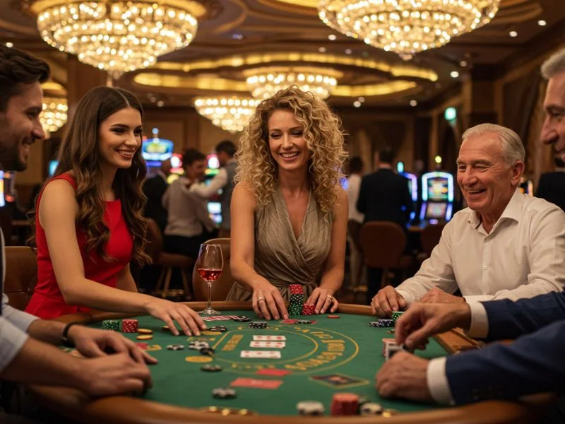 Online casino dealer hosting a poker game with joyful friends at the table